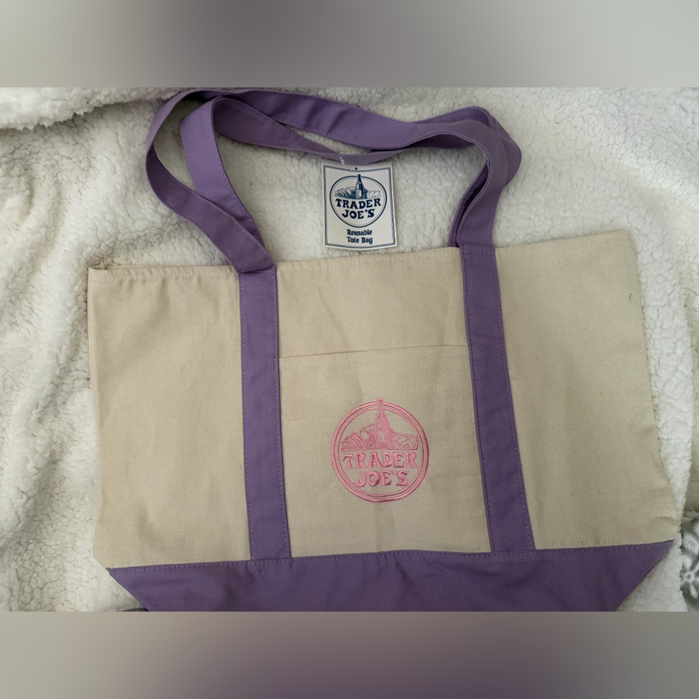 Large Trader Joes Tote Bag Lavender Purple Canvas 20" × 14” Brand New With Tag